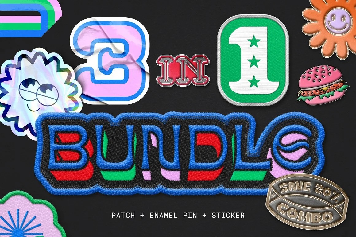 Patch + Pin + Sticker Mockup Combo