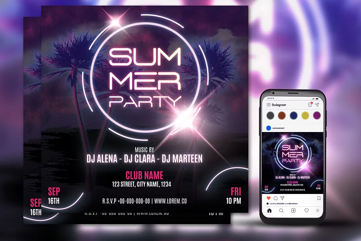 Summer Party Flyer Neon Style